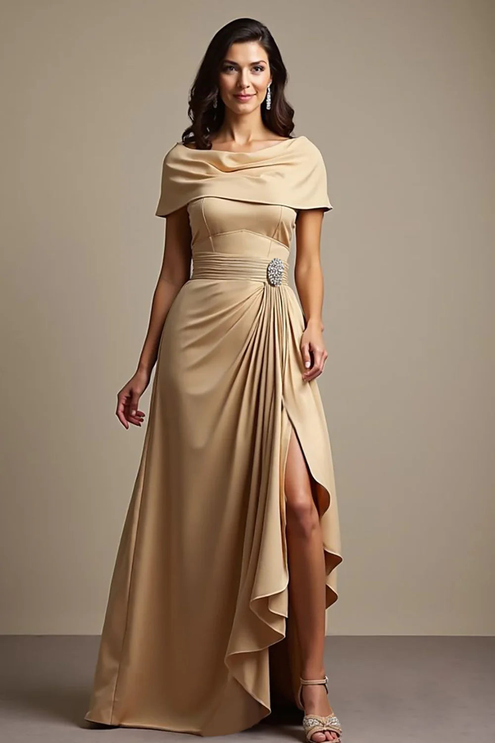 Champagne A Line Satin Ruffled Long Mother of the Bride Dress with Slit